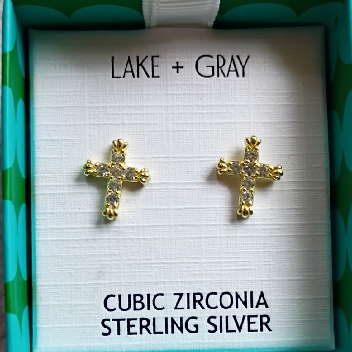 Gold Tone Sterling Silver Cross Earrings With Cubic Zirconia Nib Nwt Lake + Gray